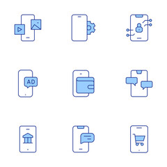 Smartphone icons set. Line Duotone style, editable stroke. online marketing, smartphone, digital wallet, chat, online banking, content marketing, mobile phone, lock