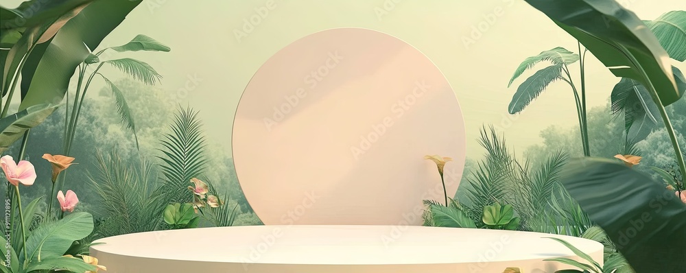 Poster round podium with geometric shapes with nature background and empty space for text