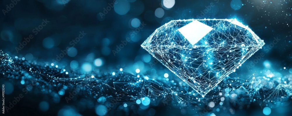 Aufkleber wireframe diamond surrounded by abstract glowing network on dark background