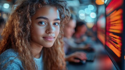 Students Collaborating on a Coding Project in a Modern Classroom Environment During Afternoon Hours