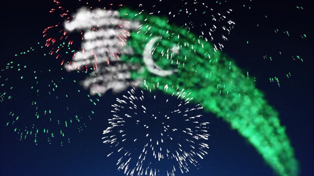Animated holiday pakistan banner template. Fireworks pakistani flag on dark sky background. Pakistani national holiday. Fireworks pakistan flag. Place for text, copy space. Animated greeting card