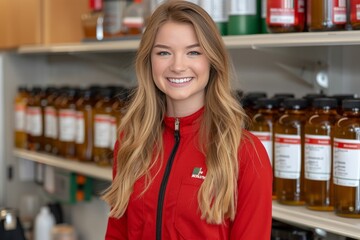 Young Woman Smiling in Red Jacket in Front of Shelf of Bottles