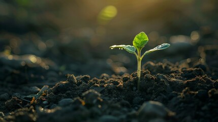 A small green plant is growing in the dirt