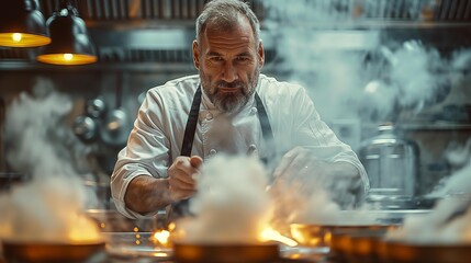 Focused male chef cooking with fire in the kitchen of a modern restaurant.