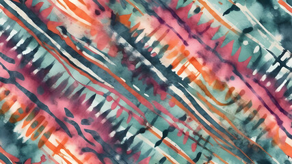 Abstract Washed Digital Watercolor Painting stripe brush seamless pattern background.Boho Camouflage strokes Tie Dye Batik. Generative AI