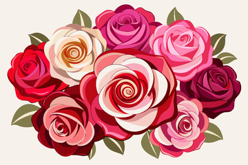  Illustrate an elegant bouquet of roses in different shades of red, pink, and white, showcasing the intricate details of each petal and thorn