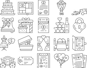 Wedding Day Accessory Collection Icons Set Vector. Wedding Invitation And Vow, Gift For Bride And Groom, Champagne Drink And Snack Contour Illustrations