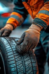 Obraz premium the master man replaces the tire. Selective focus