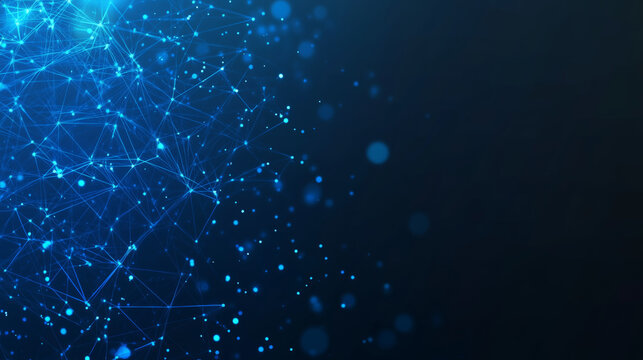 Abstract blue network connections with light particles on dark background. Technology and digital communication concept. Design for wallpaper, poster, banner, header