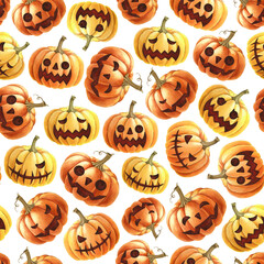 Halloween traditional smiling spooky pumpkin head seamless pattern. Watercolor illustration. Hand drawn orange scary Halloween pumpkins on white background for wrapping, fabric, textile