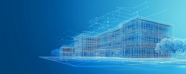 Obraz premium Wireframe illustration of a modern educational institution building with blue background