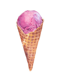 Watercolor pink ice cream cone, summer dessert gelato