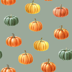 Autumn mood bright pumpkin seamless pattern. Watercolor painted illustration. Painted different autumn ripe pumpkins decor. Thanksgiving collection seamless pattern in warm colors on green background