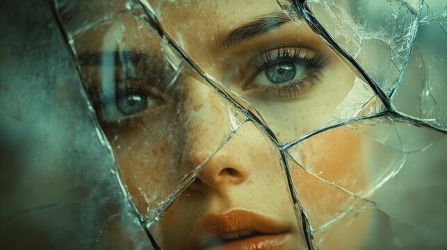 Artistic shot of a broken mirror reflecting fragments of a face