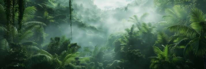 Obraz premium A captivating image of a dense, lush green jungle covered in mist, creating an atmosphere of mystery and pristine natural beauty.