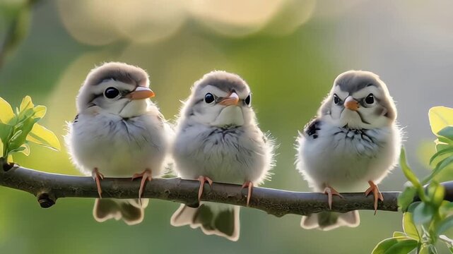three cute little baby birds sitting on a tree branch outside in the nature. blur background with wildlife