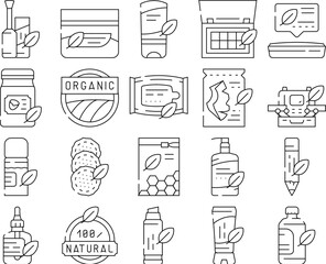 Organic Cosmetics Collection Icons Set Vector. Makeup Palette Cosmetics And Facial Mask Sheet, Natural Coconut Oil For Hair And Skin Contour Illustrations