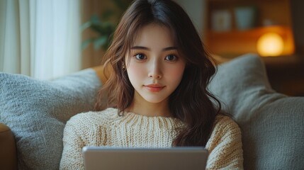 Student Engaged in Virtual Classroom Learning While Using Tablet at Home in Cozy Setting During Evening Hours