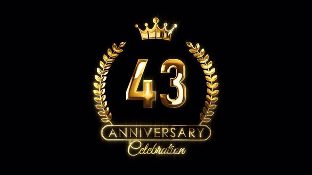 43rd Anniversary Celebration. Happy 43 Years Anniversary Animation in Gold Color on the Transparent Background, Alpha Channel. Great for greetings, celebrations, events, and gifts.