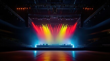 A vibrant concert stage illuminated with colorful lights, ready for an electrifying performance.