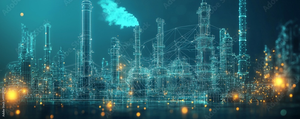 Poster digital wireframe of futuristic factory with technological connections and glowing lights