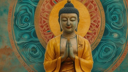 A Golden Buddha Statue with Closed Eyes and Hands in Prayer