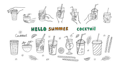 Obraz premium Large set of cocktail in hand in doodle style. Alcoholic and non-alcoholic summer drinks with ice cubes, fruits, drinking straws and text. Great for bar menu design, packaging, banners or advertising