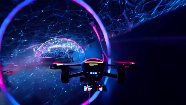 A drone navigates swiftly through a dimly lit tunnel, with vibrant lights creating a dynamic atmosphere