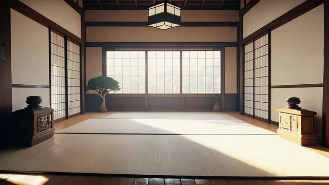 Spacious well lit room for martial arts practicing. Traditional interior for dojo or karate school hall. Indoor background.