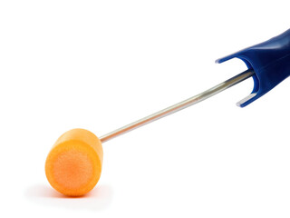 Paint roller with blue handle and orange brush isolated on white background, side view