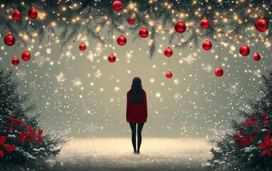Obraz premium A serene winter scene featuring a figure in red surrounded by snow, festive ornaments, and glowing lights, evoking holiday spirit.