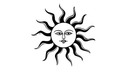 An image of the sun with a face and rays. A mystical, esoteric or occult design element. Cartoon characters in pencil drawing style. Black and white image. Illustration for cover, card, print, etc.