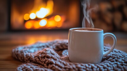 Close-up of a steaming cocoa mug on wooden table, a fireplace in background. Banner with copy space in Swedish mysig style