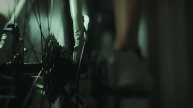 According to a detailed plan, the goal-oriented cyclist regularly trains on a high-tech training machine. His daily efforts are aimed at achieving excellent results in cycling