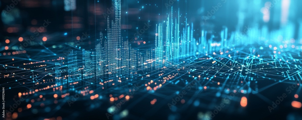 Poster wireframe illustration of financial graph with digital data points and glowing nodes