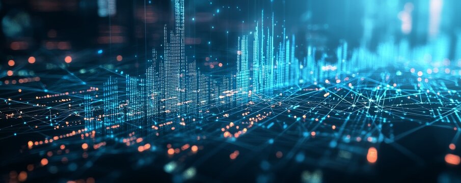 Wireframe illustration of financial graph with digital data points and glowing nodes