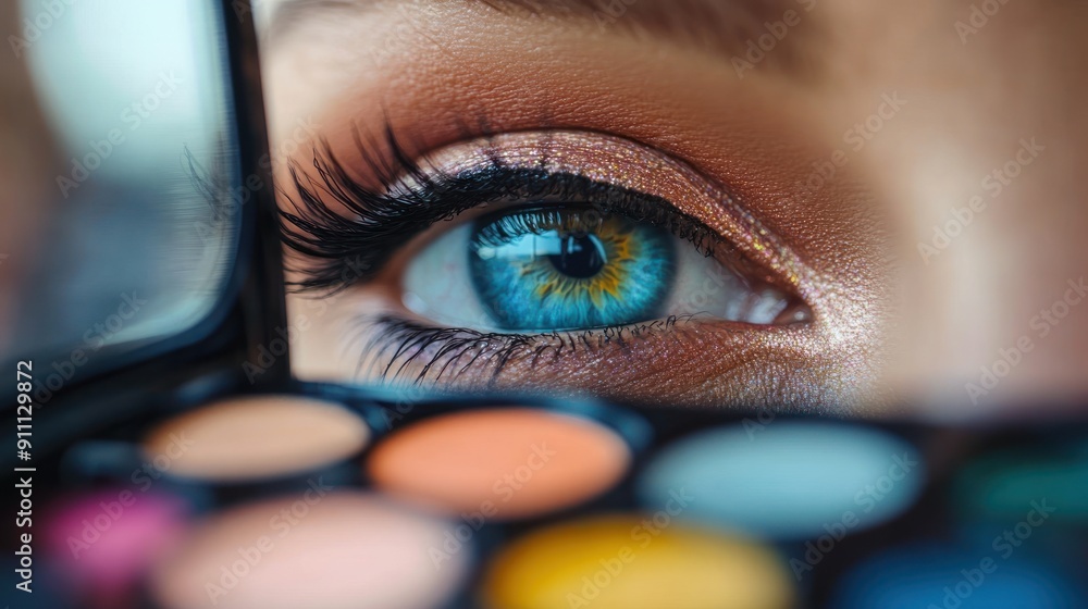 Wall mural close-up of a colorful makeup palette with a mirror reflecting the woman's eye makeup.