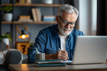 Fototapeta premium Older gentleman diligently using a laptop, representing active aging and technology use among seniors. continuous learning and modern connectivity for the elderly.