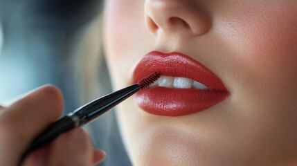 Close-up of a model's lips being lined with a precision lip liner, capturing the meticulous attention to detail in makeup application