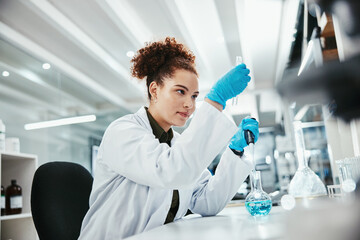 Reaction, science and solution with woman in laboratory for breakthrough, innovation or research....