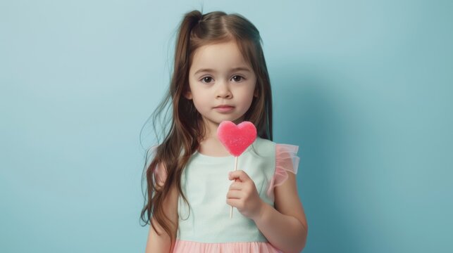 a little girl holding a heart shaped lollipop