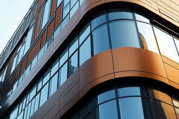 Modern building facade with curved orange and black panels and large reflective windows. Contemporary architecture and design concept. Design for poster, wallpaper, banner