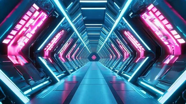 Flying through futuristic tunnel interior with neon lights. Sci-fi spaceship corridor. 3D animation. Space station travel. Technology and future concept.