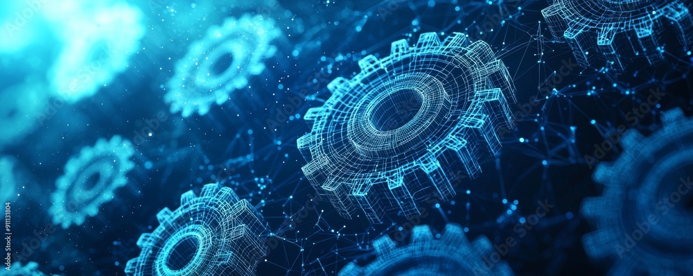 Poster wireframe illustration of interconnected gears and technology background