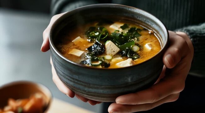 A bowl of miso soup with tofu and green onions held by a person.