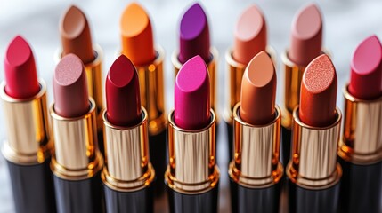 Obraz premium Close-up of luxurious lipstick tubes in vibrant shades arranged on a marble surface, with a hint of soft lighting emphasizing their glossy finish