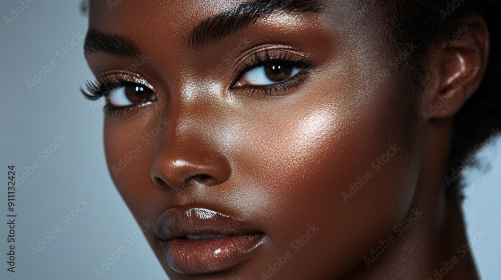 Wall mural close-up of shimmering highlighter being applied to a model's cheekbone, emphasizing the glowing and