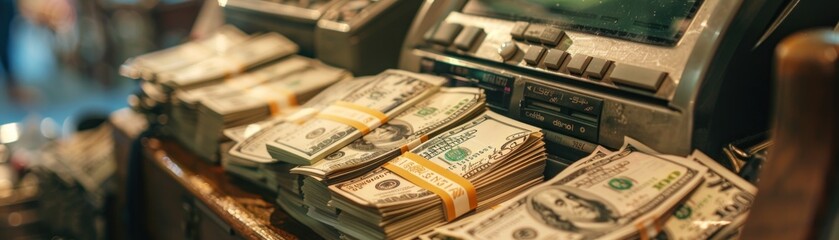 Stacks of US dollar bills in a counting machine.