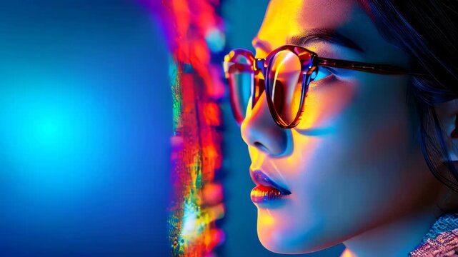 Stylish Woman in Glasses looks at moving code reflected in her glases