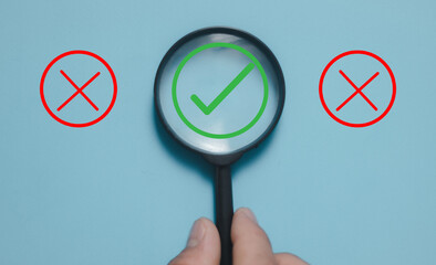 Hand holding magnifying glass signifies business choices, yes or no mark depicts difficulty....